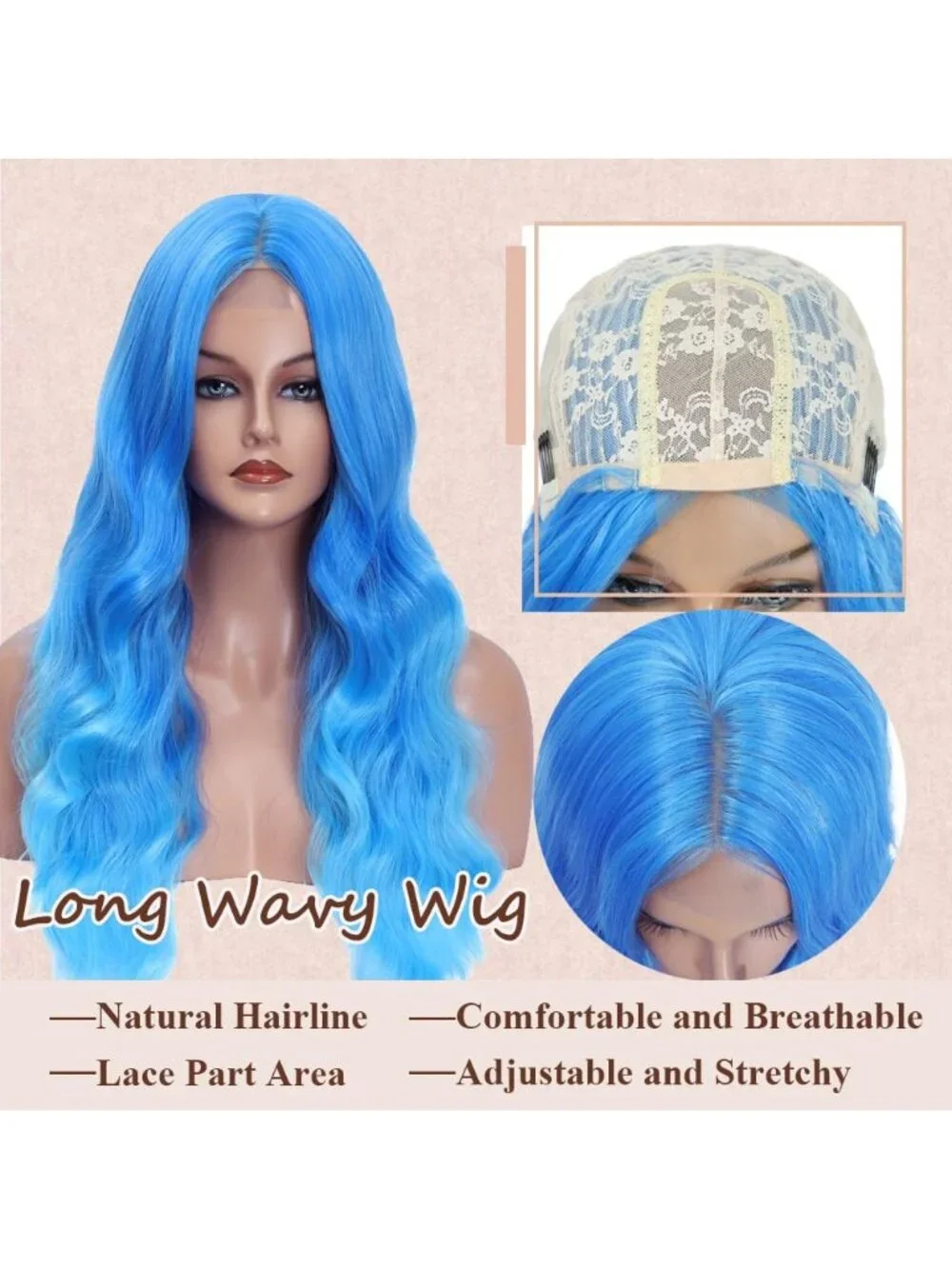 26 Inch Women's Blue Long Wavy Curly Hair Wig Halloween Cosplay